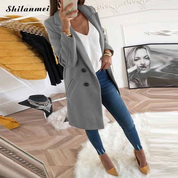 New Women Long Sleeve Turn-Down Collar Outwear Jacket Wool Blend Coat Casual Autumn Winter Elegant Overcoat.