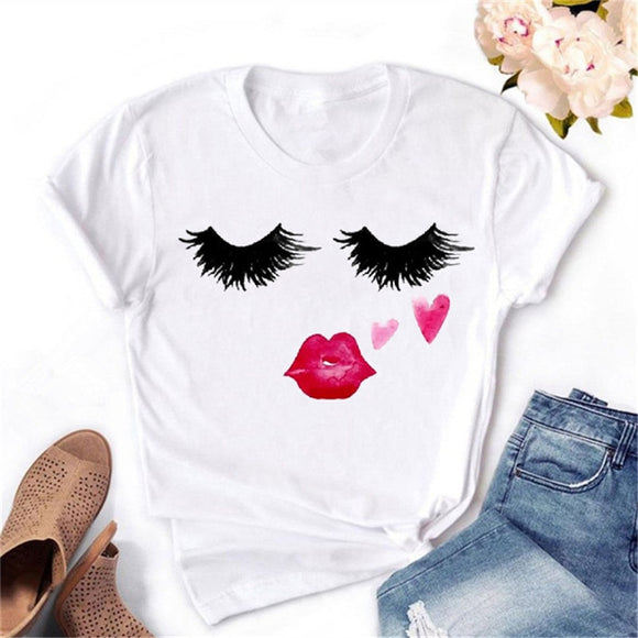 Women T-shirt Eye Lashes Red Lips HEART Print Top Female Tshirt Fashion Casual Sleeve O Neck BASIC White Ladies Clothes