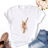 Women T-shirt Eye Lashes Red Lips HEART Print Top Female Tshirt Fashion Casual Sleeve O Neck BASIC White Ladies Clothes
