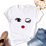 Women T-shirt Eye Lashes Red Lips HEART Print Top Female Tshirt Fashion Casual Sleeve O Neck BASIC White Ladies Clothes