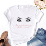 Women T-shirt Eye Lashes Red Lips HEART Print Top Female Tshirt Fashion Casual Sleeve O Neck BASIC White Ladies Clothes
