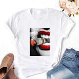 Women T-shirt Eye Lashes Red Lips HEART Print Top Female Tshirt Fashion Casual Sleeve O Neck BASIC White Ladies Clothes