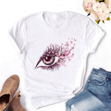 Women T-shirt Eye Lashes Red Lips HEART Print Top Female Tshirt Fashion Casual Sleeve O Neck BASIC White Ladies Clothes