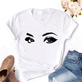 Women T-shirt Eye Lashes Red Lips HEART Print Top Female Tshirt Fashion Casual Sleeve O Neck BASIC White Ladies Clothes
