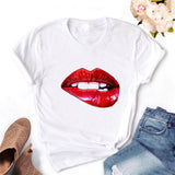 Women T-shirt Eye Lashes Red Lips HEART Print Top Female Tshirt Fashion Casual Sleeve O Neck BASIC White Ladies Clothes