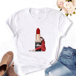 Women T-shirt Eye Lashes Red Lips HEART Print Top Female Tshirt Fashion Casual Sleeve O Neck BASIC White Ladies Clothes