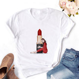 Women T-shirt Eye Lashes Red Lips HEART Print Top Female Tshirt Fashion Casual Sleeve O Neck BASIC White Ladies Clothes