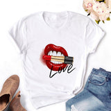 Women T-shirt Eye Lashes Red Lips HEART Print Top Female Tshirt Fashion Casual Sleeve O Neck BASIC White Ladies Clothes